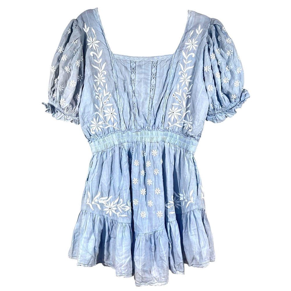 NWT LoveShackFancy Tomasina Mini Dress Size L Blue Embroidered Ribbon Coquette - Picture 3 of 12